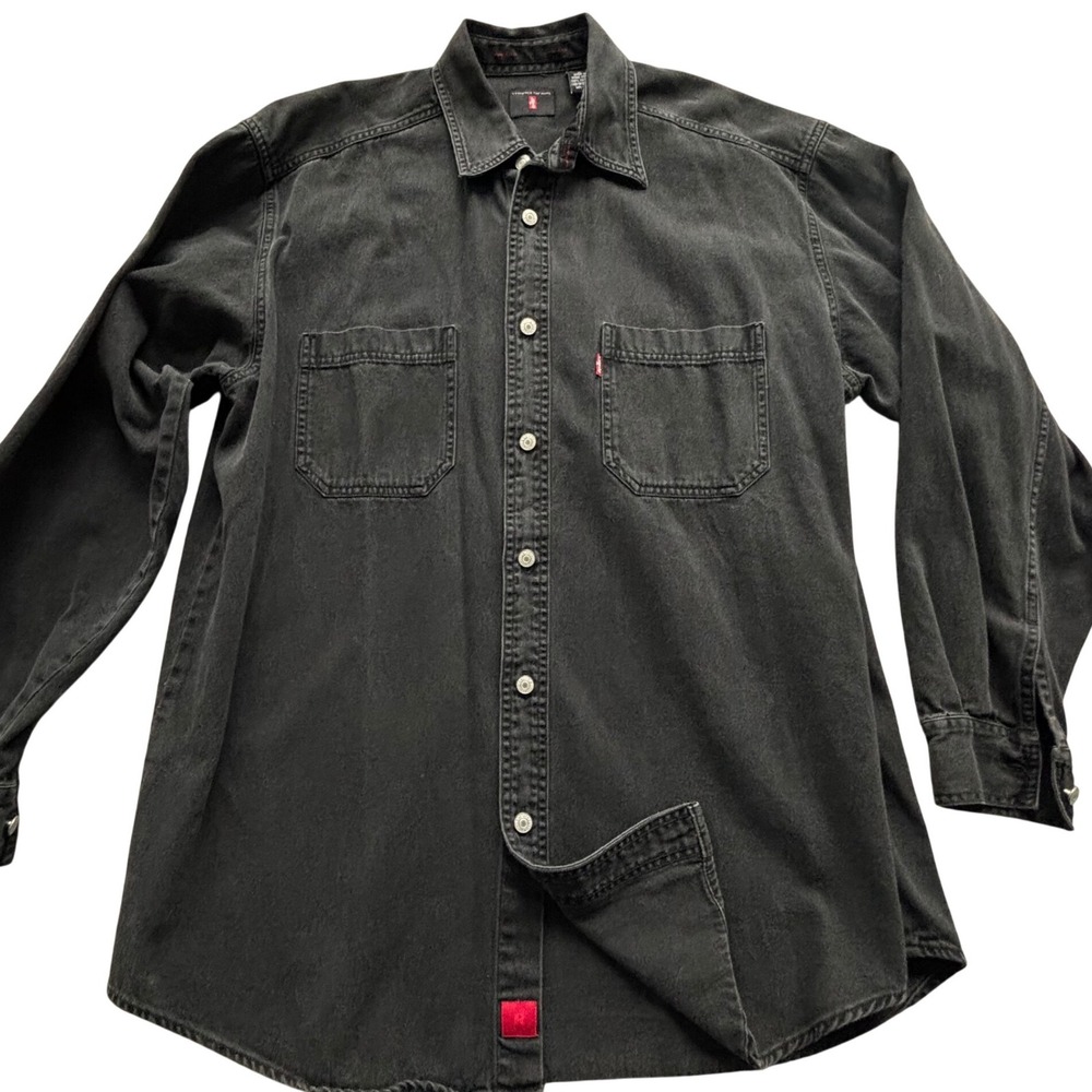 VTG Levis RED TAB Black Denim Shirt Hong Kong Metal Button Mens M Oversized